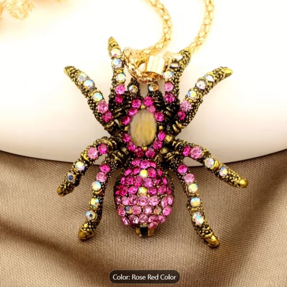 Vintage inspired Pink Crystal Spider Fashion Pendant Necklace - Picture 4 of 5